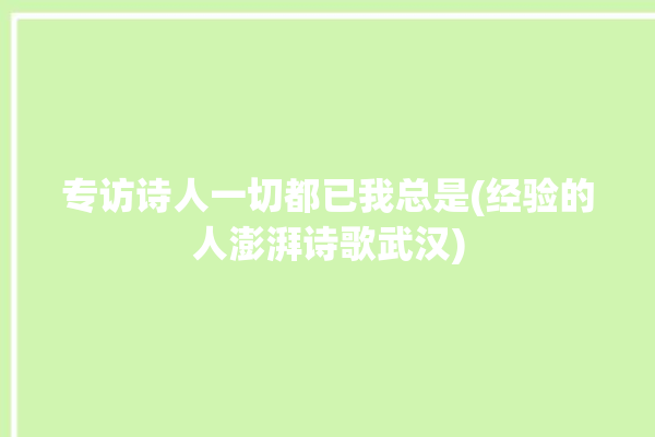 专访诗人一切都已我总是(经验的人澎湃诗歌武汉)